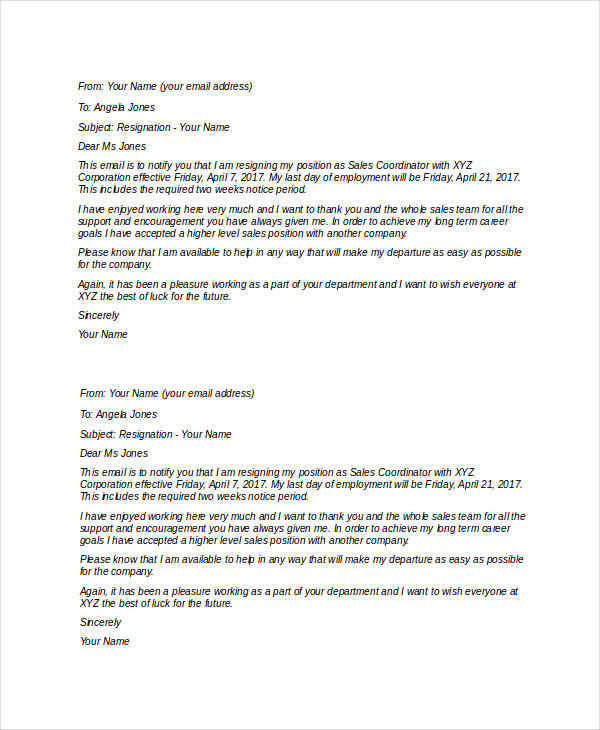 short email resignation letter