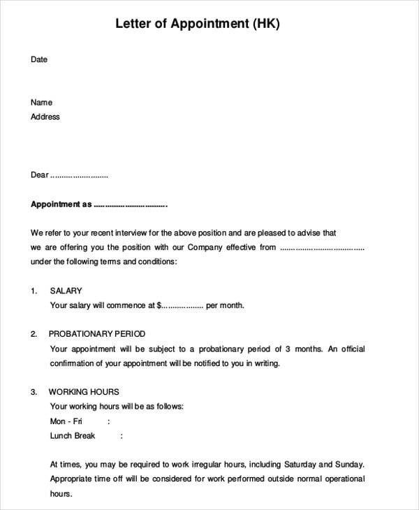 permanent employee appointment letter