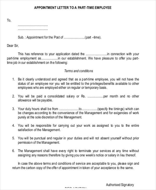 part time employee appointment letter