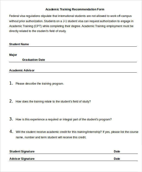 academic training recommendation form
