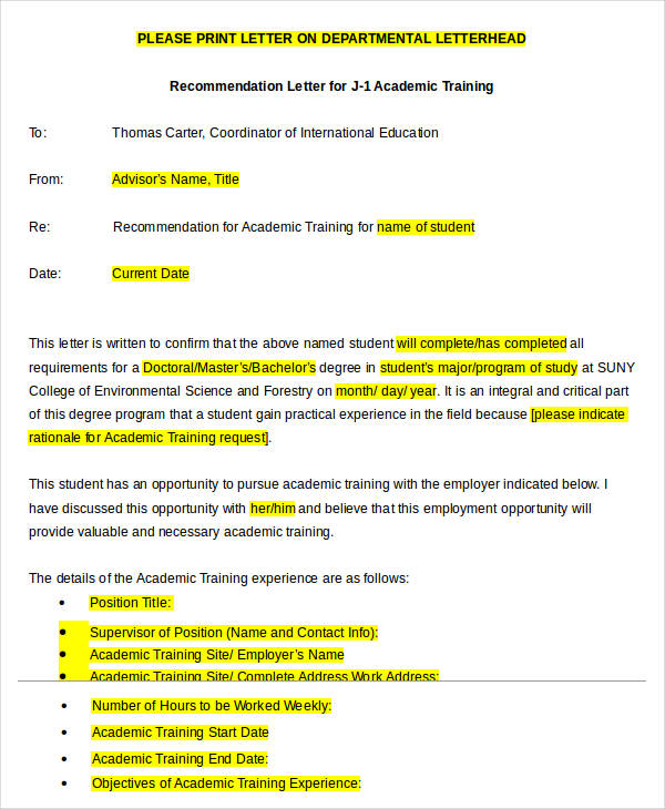 academic training recommendation letter