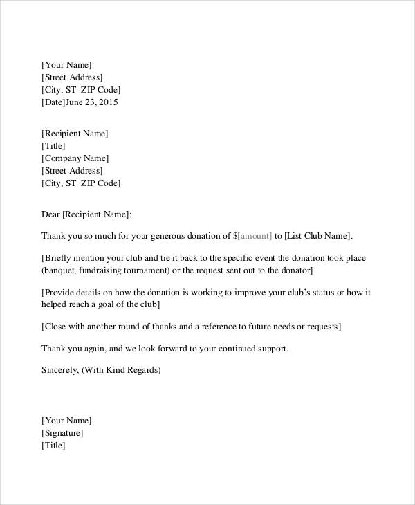 club fundraising thank you letter