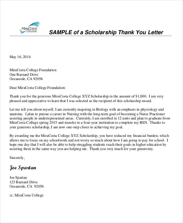 nurse scholarship thank you letter