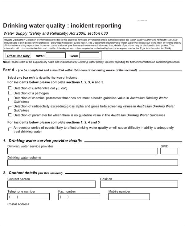 drinking water quality incident report
