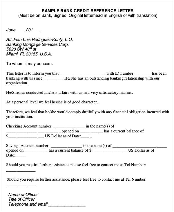 Request For Bank Reference Letter