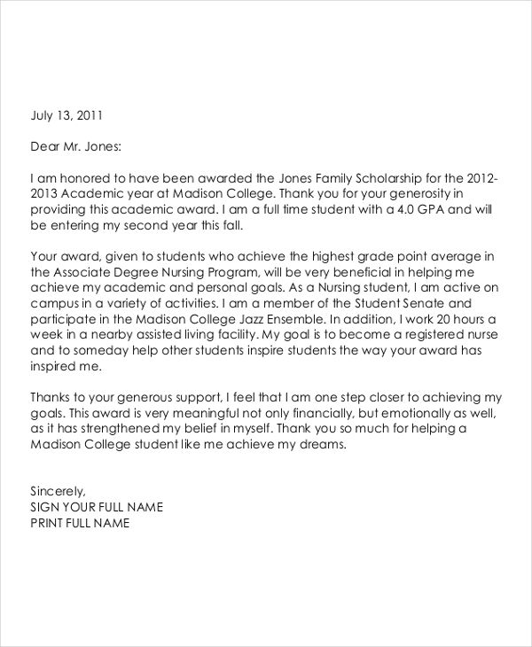 scholarship recipient thank you letter sample