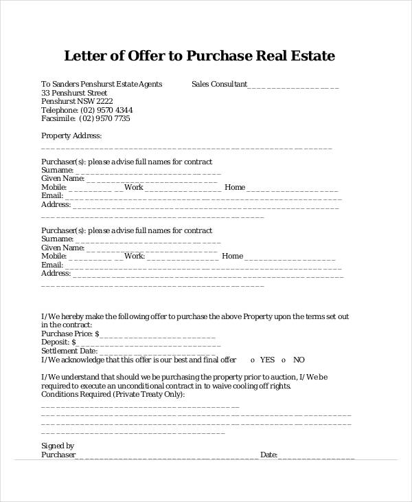real estate agent offer letter