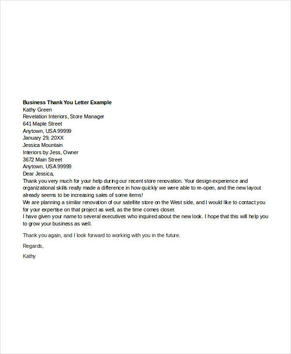formal business thank you letter