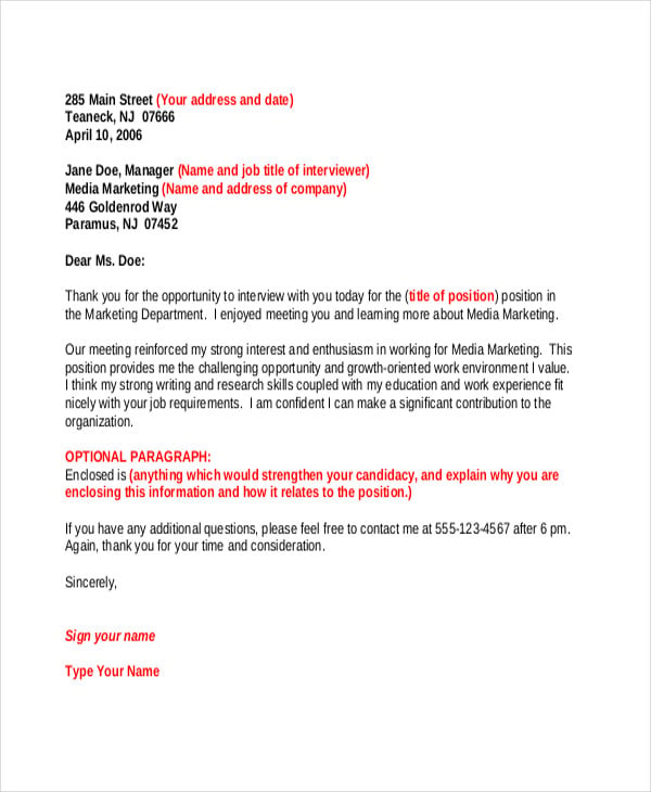 marketing job interview thank you letter example