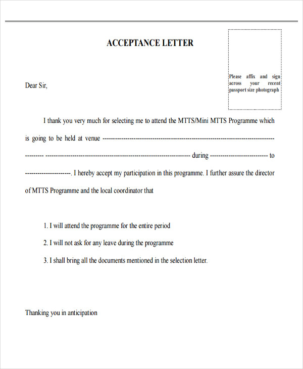 offer acceptance thank you letter