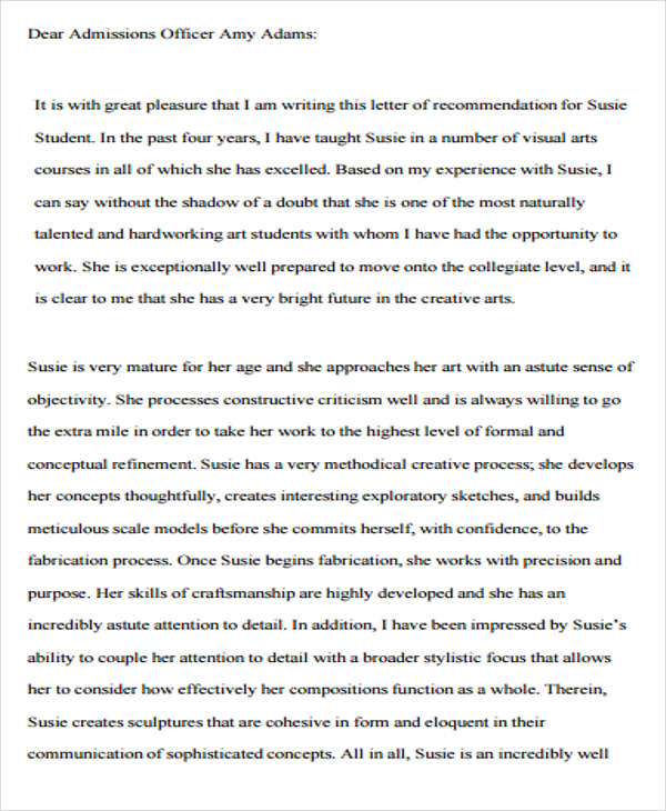 letter of recommendation format for college student