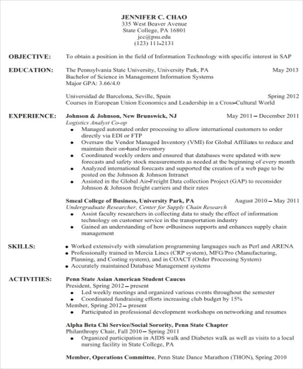 resume format for students