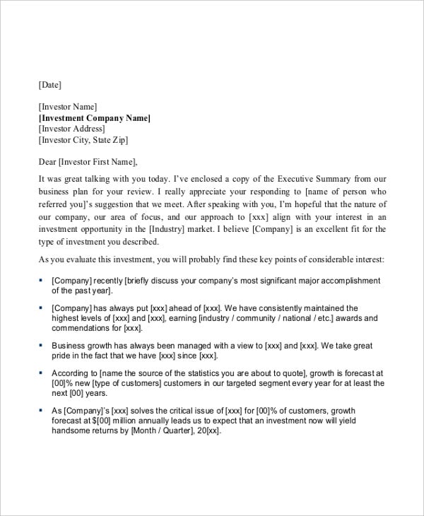 examples of a business plan letter