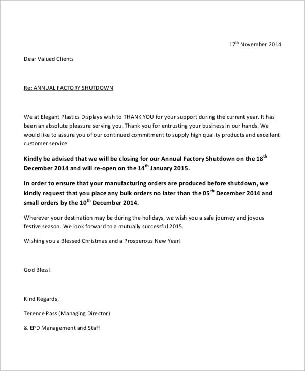 business closure notice letter