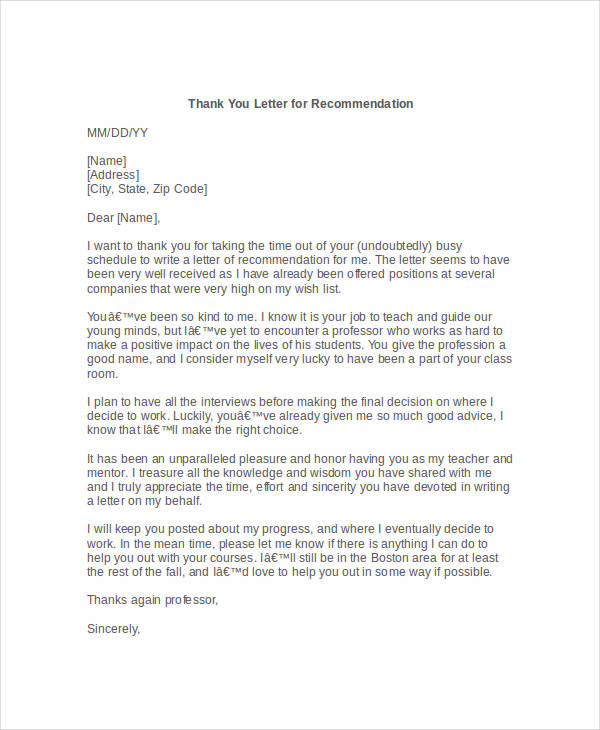business recommendation thank you letter