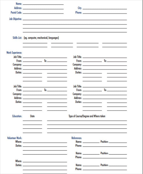 printable blank resume format