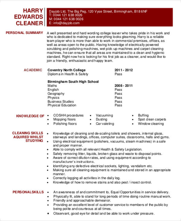 office cleaning resume template