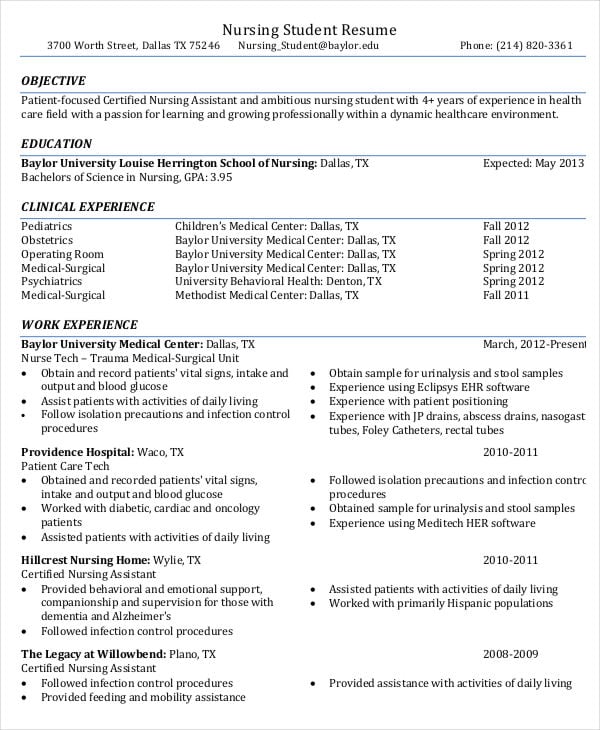 sample nursing student resume template