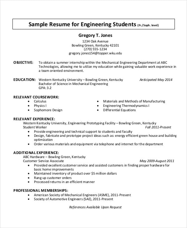 free sample student resume template