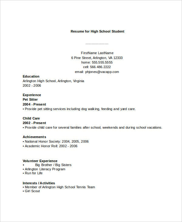 free sample resume for high school student