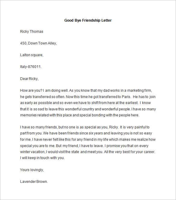 Ending a friendship letter sample