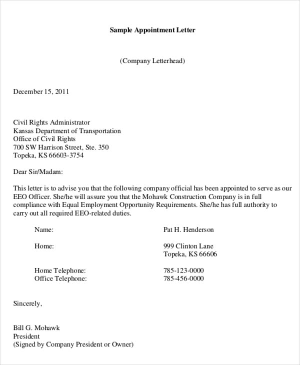 construction company appointment letter