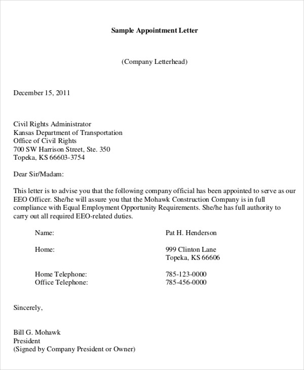 Construction Company Appointment Letter Format