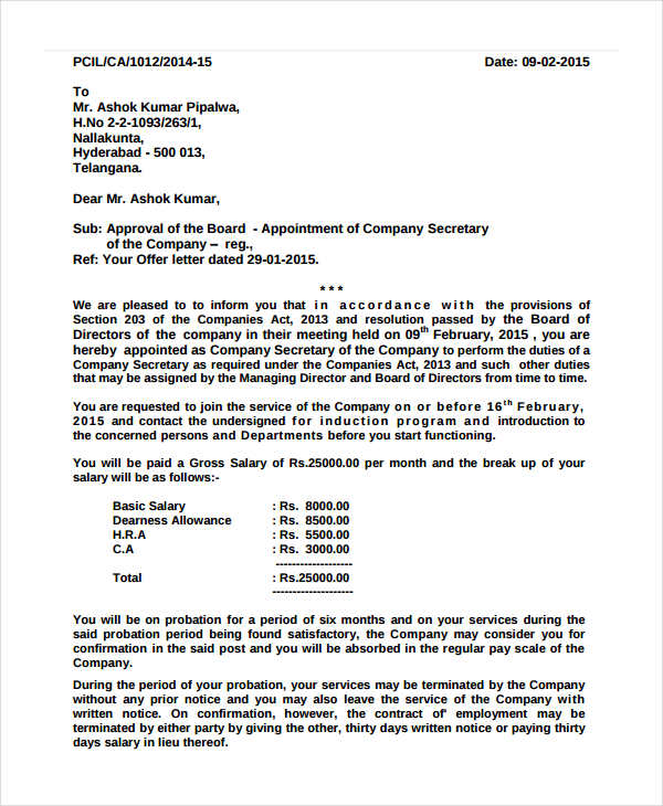 company secretary appointment letter