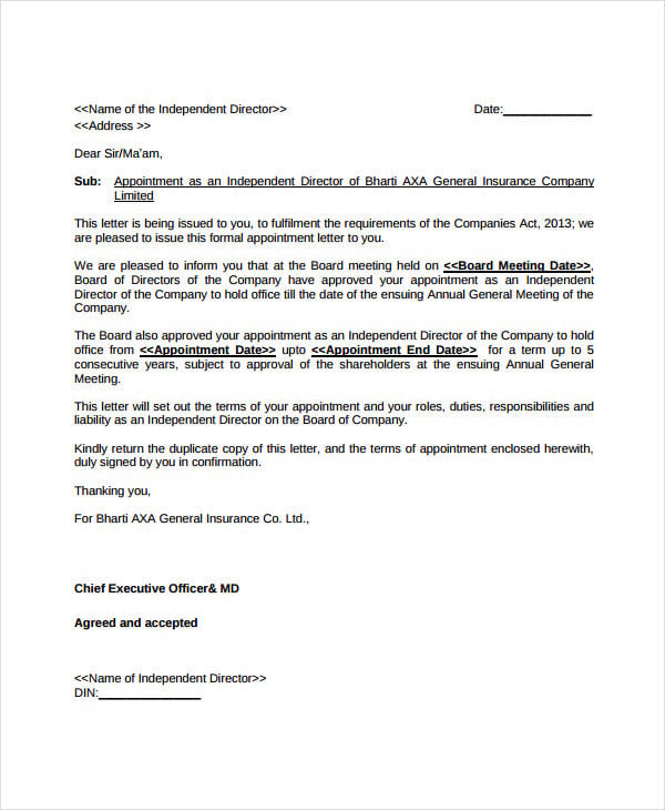 company director appointment letter