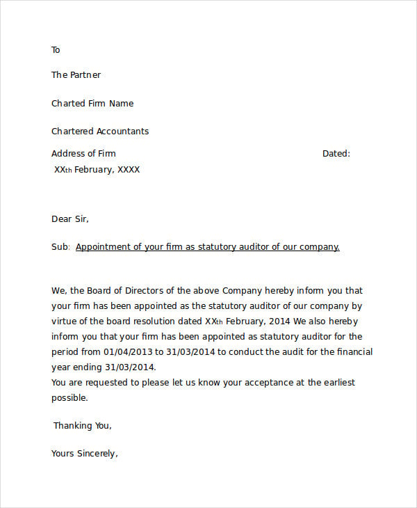 company auditor appointment letter