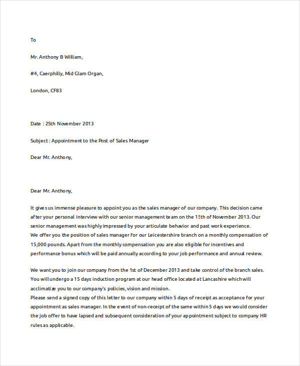 company manager appointment letter