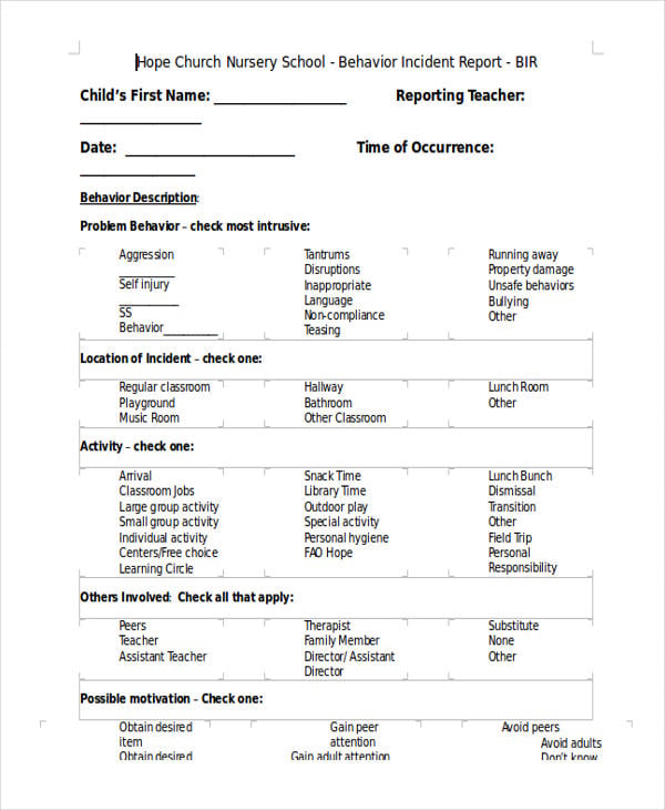 preschool behavior incident report