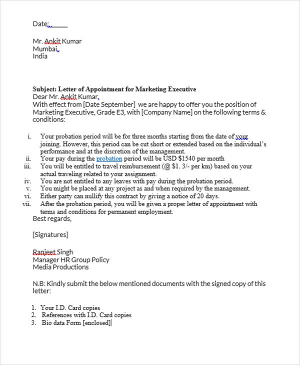 appointment letter job sample