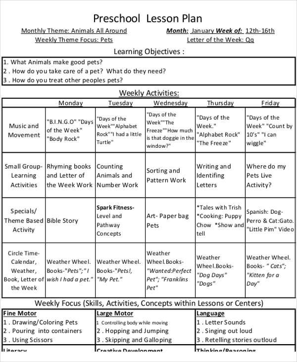 preschool monthly lesson plan