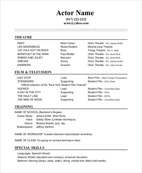 acting resume template no experience