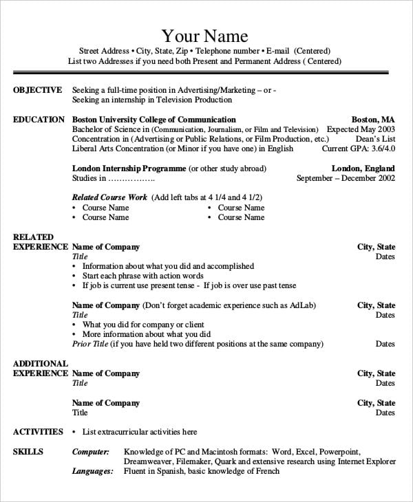 Printable Resume Template 39 Word PDF Documents Download