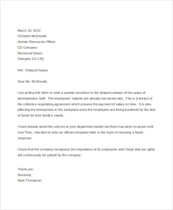 employee formal complaint letter