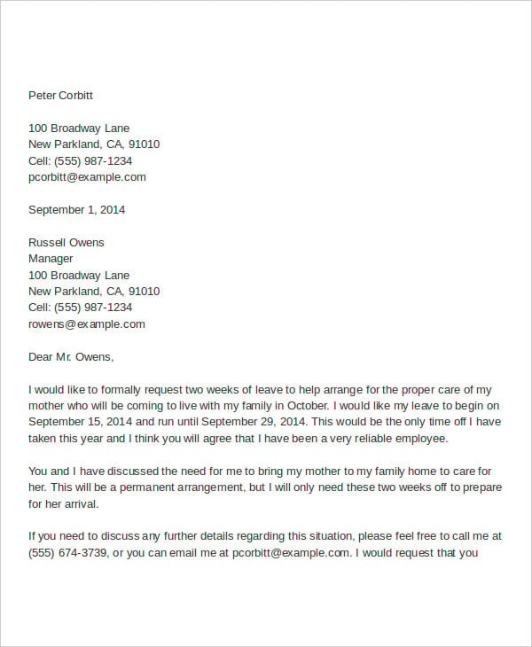 formal leave letter to manager