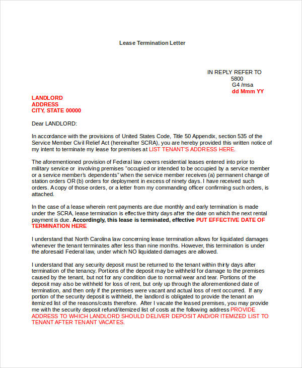 sample lease termination letter