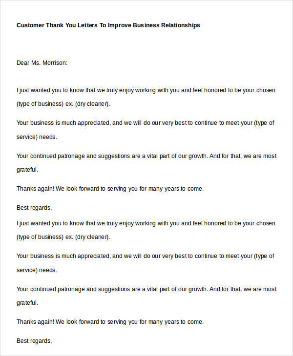 customer thank you letters to improve business relationships