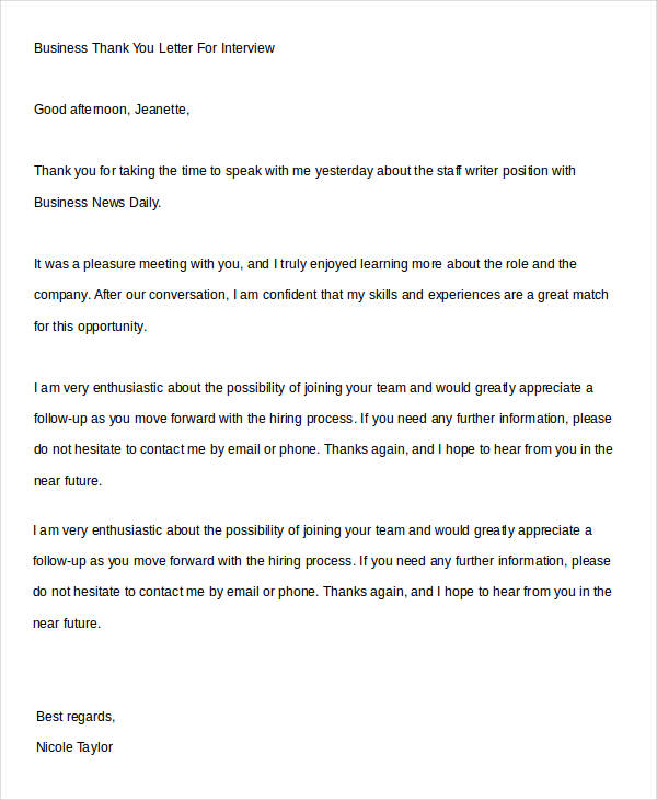 business thank you letter for interview