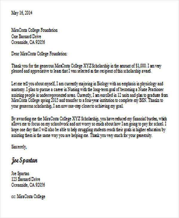 example of thank you letter for scholarship