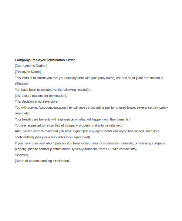 company employee termination letter