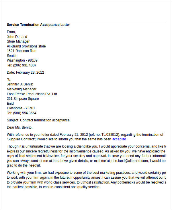 service termination acceptance letter