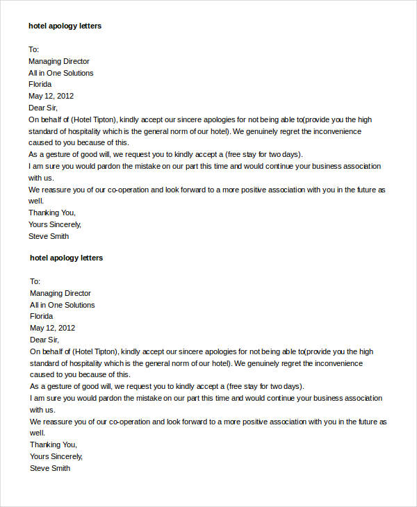standard hotel apology letter