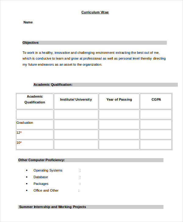 simple resume format for freshers in word file