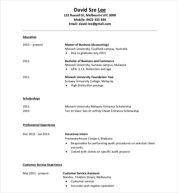 accounting student resume template