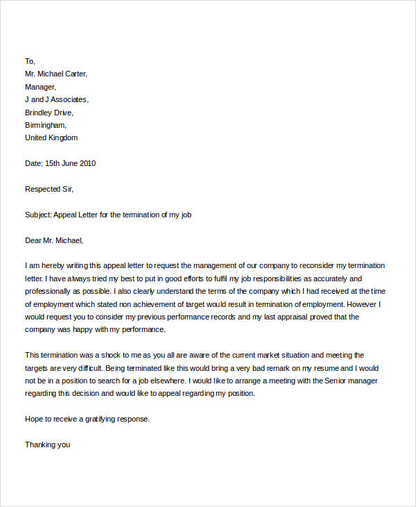 job termination appeal letter