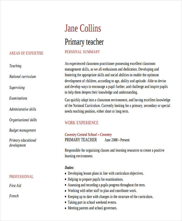 download resume for primary school teacher