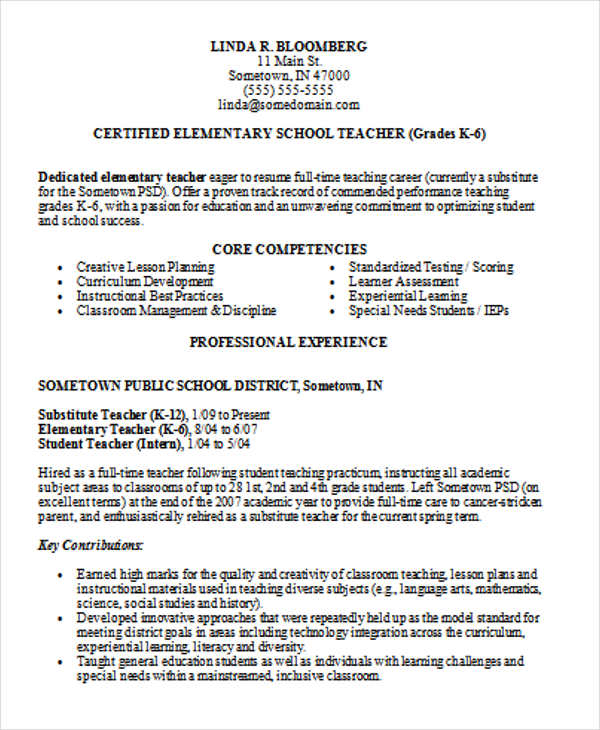 elementary school teacher job resume template